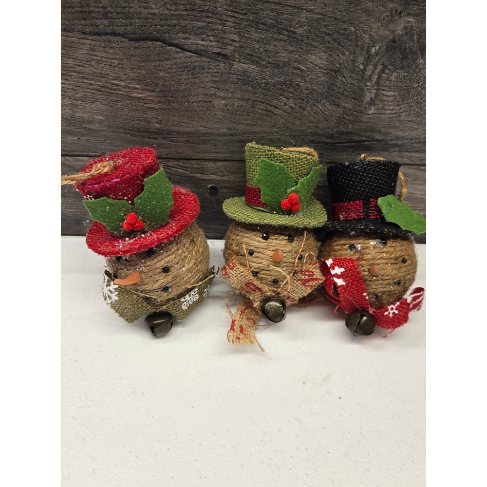 Rustic Burlap Twine Snowman Head Christmas Ornaments Set 3 Jingle Bell Farmhouse
